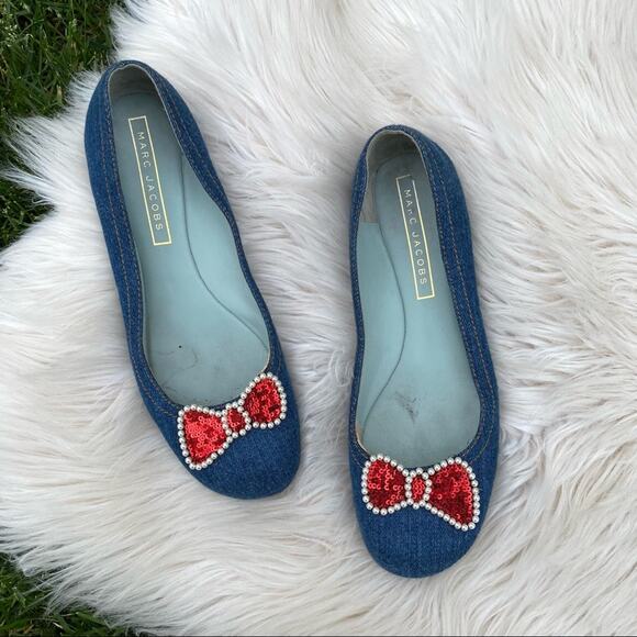 Marc Jacobs Denim & Sequins Bow Flats 40.5 - Picture 1 of 8